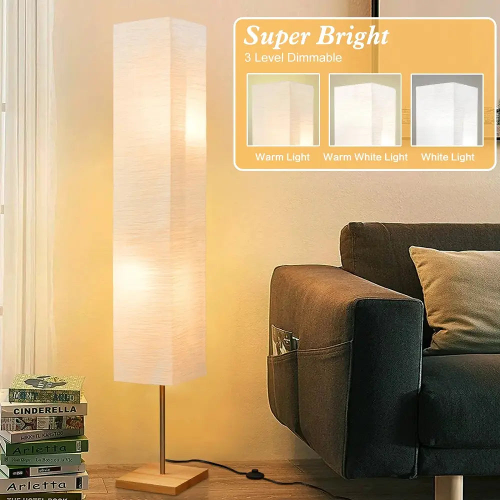 Dimmable LED Floor Lamp with Wooden Base and White Shade emits warm light