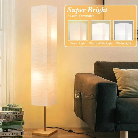 Dimmable LED Floor Lamp with Wooden Base and White Shade emits warm light