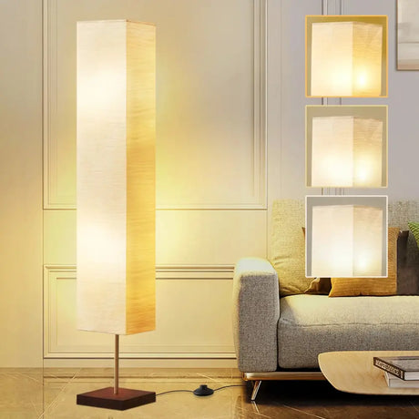 Dimmable LED Floor Lamp with Wooden Base and White Shade for stylish lighting