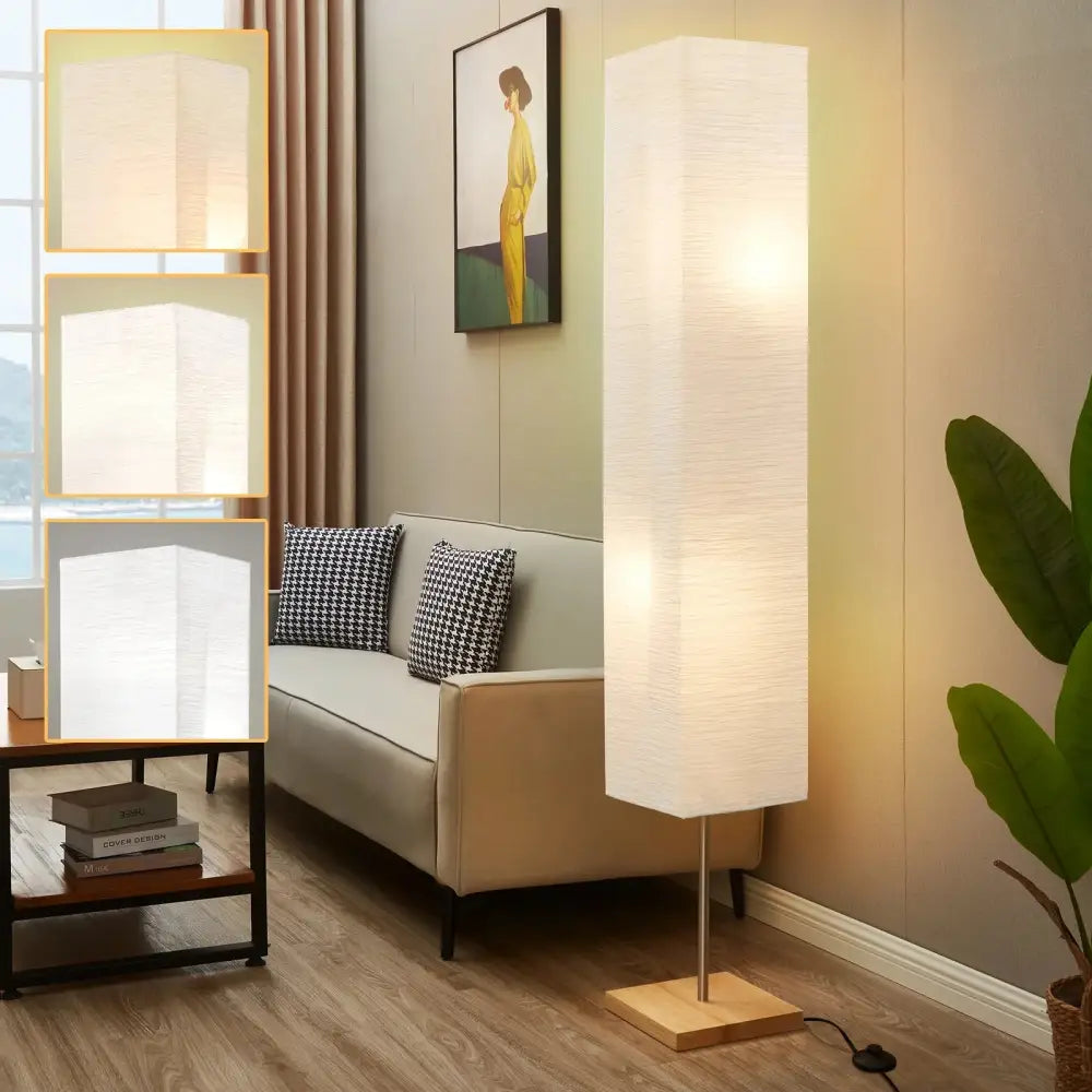 Tall rectangular LED floor lamp with white fabric shade and wooden base