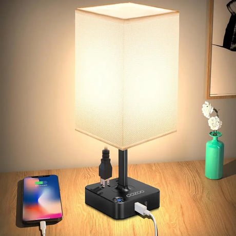 Dimmable USB bedside table lamp with charging ports and square fabric shade