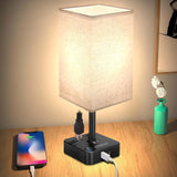 Modern Dimmable USB Bedside Table Lamp with Charging Ports and Fabric Shade