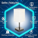 Modern Dimmable USB Bedside Table Lamp with Charging Ports and safety feature icons