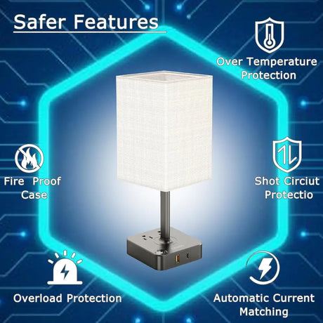 Modern Dimmable USB Bedside Table Lamp with Charging Ports and safety feature icons