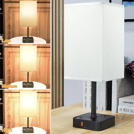 Dimmable USB bedside table lamp with white rectangular shade and black base