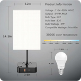 Dimmable USB Bedside Table Lamp with rectangular shade and charging ports