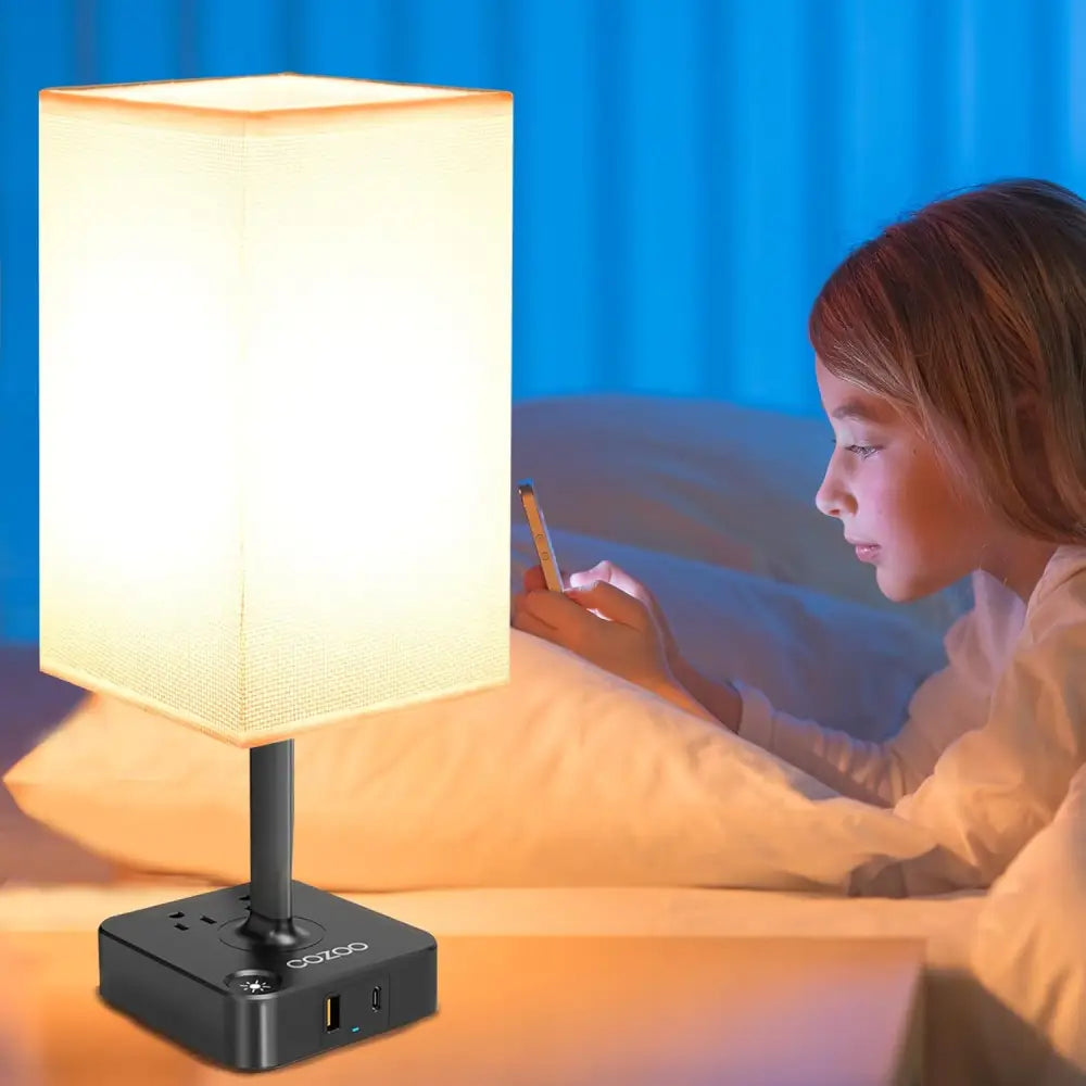 Dimmable USB Bedside Table Lamp with white shade and charging ports for convenience