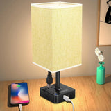 Modern Dimmable USB Bedside Table Lamp with Beige Fabric Shade and Charging Ports