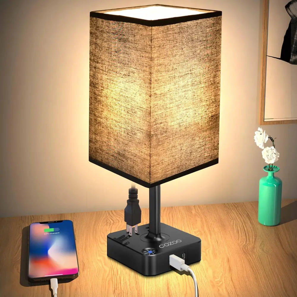 Modern Dimmable USB Bedside Table Lamp with Charging Ports and Rectangular Fabric Shade