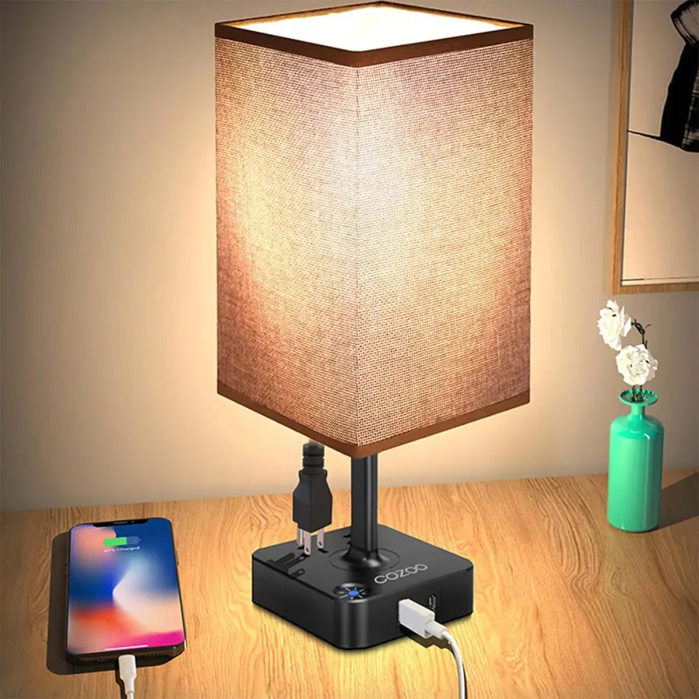 Dimmable USB Bedside Table Lamp with USB charging ports and beige fabric shade