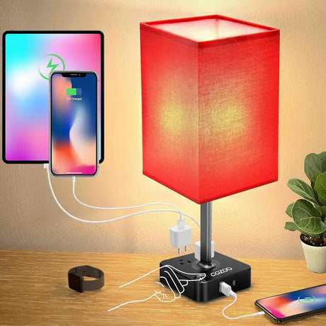 Red Dimmable USB Bedside Table Lamp with Charging Ports and Wireless Charging Pad