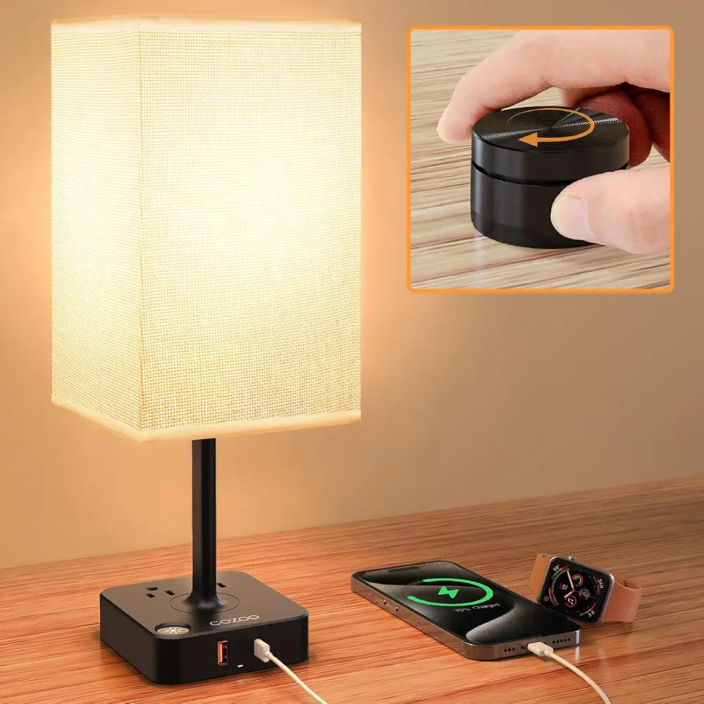 Dimmable USB bedside table lamp with wireless charging pad and USB ports in base