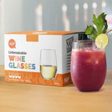 Box of Dishwasher Safe Unbreakable Stemless Wine Glasses with red cocktail and lime