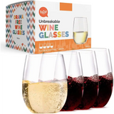 Stemless unbreakable wine glasses filled with red and white wine, dishwasher safe