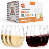 Shatterproof wine glasses with red and white wine beside their dishwasher safe packaging