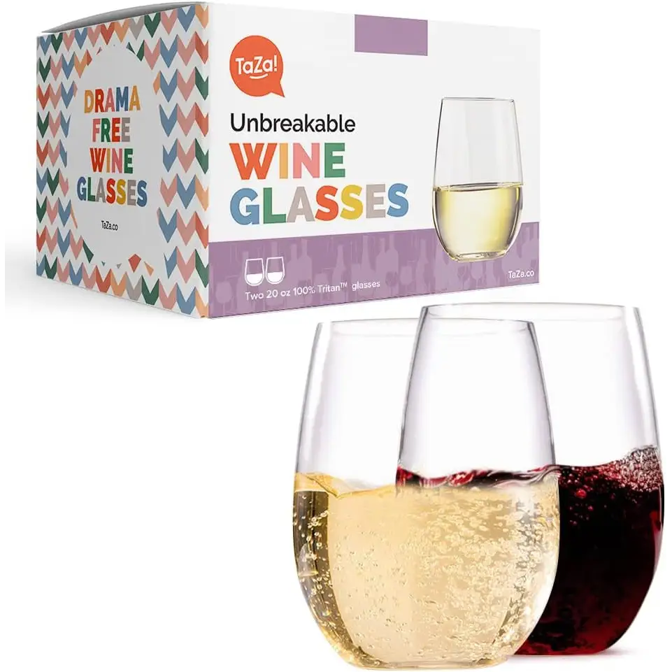 Dishwasher safe unbreakable stemless wine glasses with red and white wine