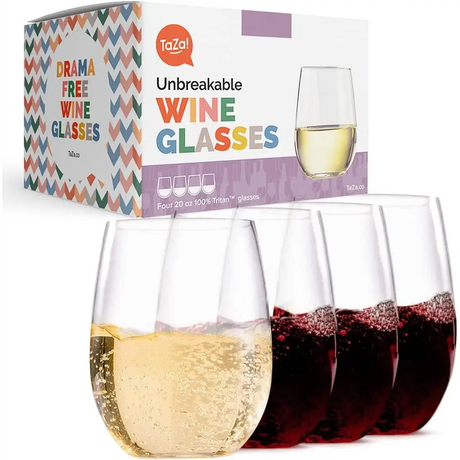 Dishwasher safe unbreakable stemless wine glasses filled with red and white wine