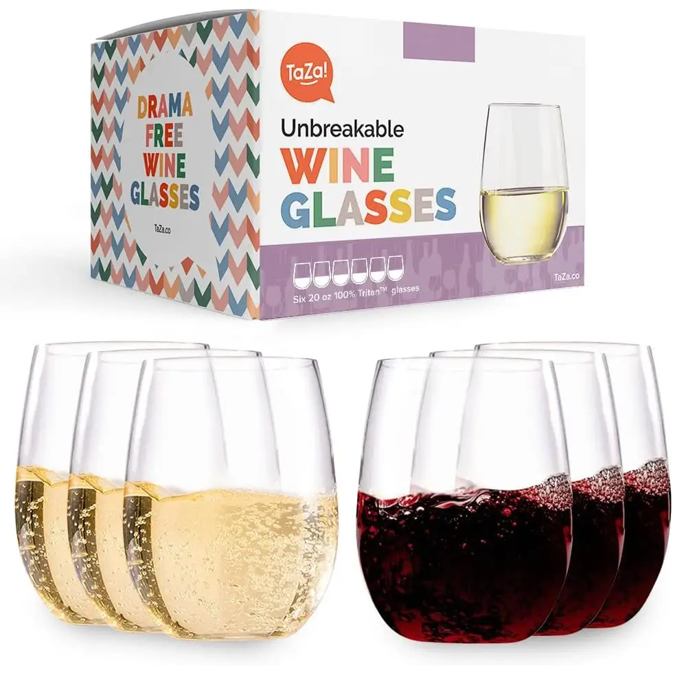 Unbreakable dishwasher safe wine glasses with red and white wine in stylish packaging