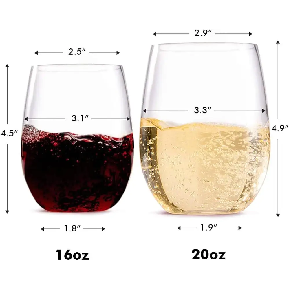 Two dishwasher safe unbreakable wine glasses filled with red and white wine