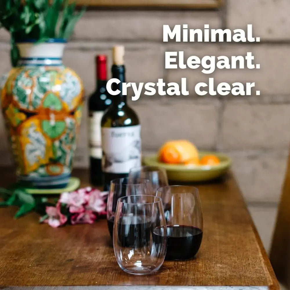 Stemless wine glasses on a wooden surface, perfect for dishwasher safe enjoyment