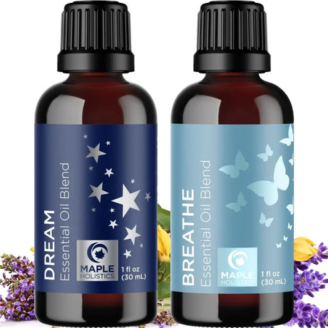 Two amber glass essential oil bottles of Dream and Breathe blend set