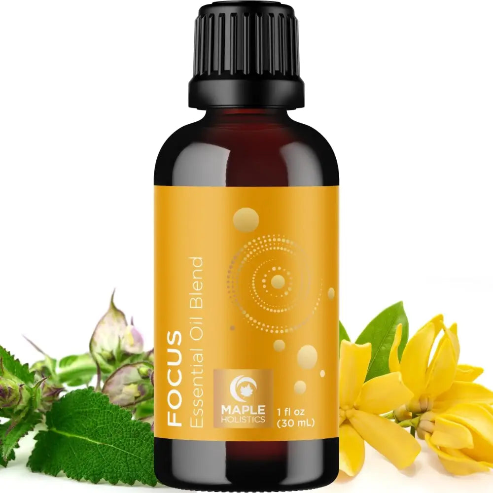 Dark amber glass bottle with yellow label of Focus essential oil blend in set