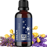 Dark amber essential oil blend bottle with blue label and silver stars for Dream and Breathe