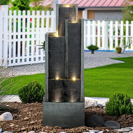 Modern Earthen Bowl Waterfall Fountain with illuminated textured panels for indoor outdoor use