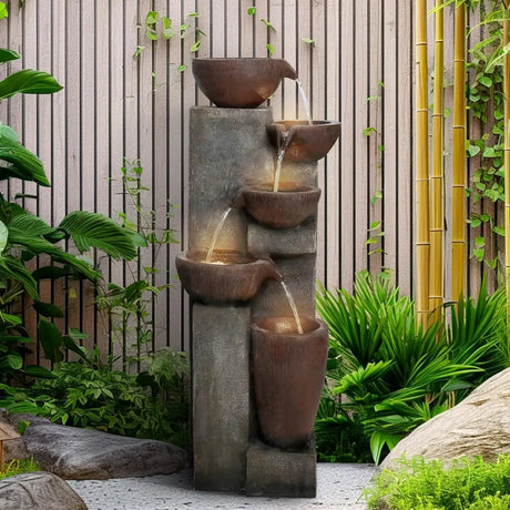 Earthen Bowl Cascading Waterfall Fountain for Indoor Outdoor with tiered bowls and flowing water