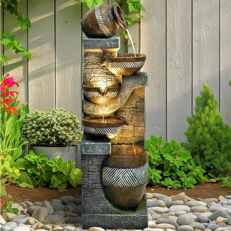 Earthen Bowl Cascading Waterfall Fountain is a decorative indoor outdoor water fountain