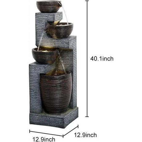 Multi-tiered Earthen Bowl Waterfall Fountain with LED lights for indoor outdoor use