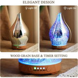 Elegant 3D Glass Marble Oil Diffuser with LED lights and wood grain base, illuminated blue