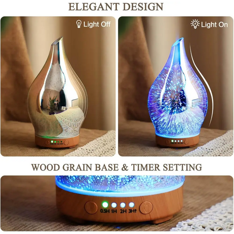 Elegant 3D Glass Marble Oil Diffuser with LED lights and wood grain base, illuminated blue