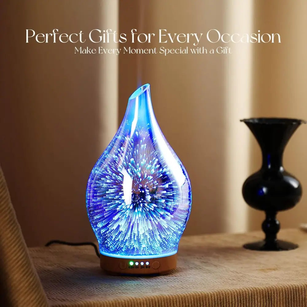 Teardrop-shaped Elegant 3D Glass Marble Oil Diffuser with blue LED illumination