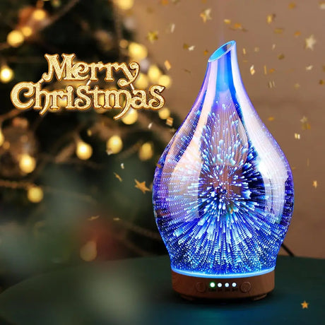 Elegant 3D Glass Oil Diffuser with blue firework effect and Merry Christmas text