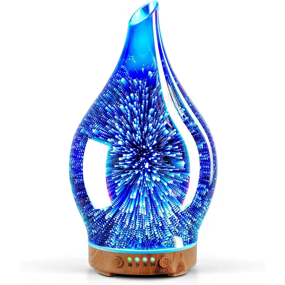 Elegant 3D Glass Marble Oil Diffuser with blue light effects and wooden base