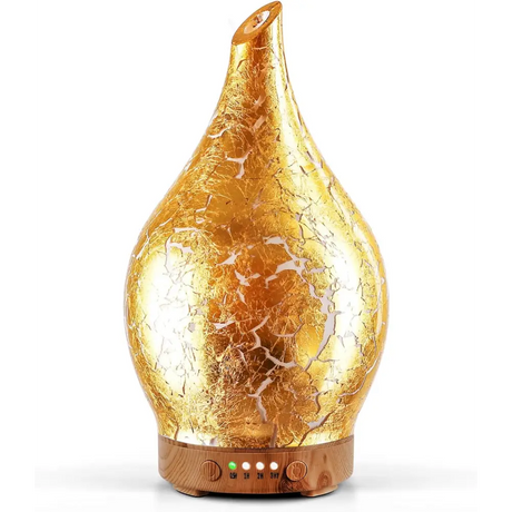 Gold crackled glass aromatherapy oil diffuser with wooden base and LED lights