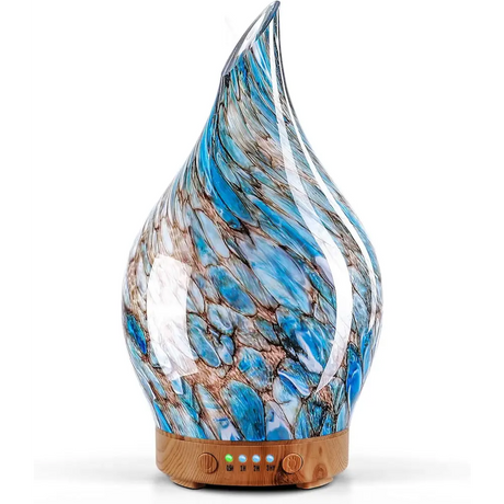 Elegant 3D Glass Oil Diffuser with blue-gray marble patterns and wooden base