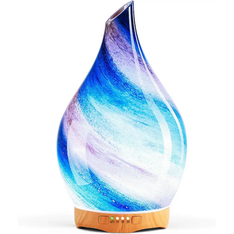 Elegant 3D Glass Marble Oil Diffuser with LED Lights and blue-white swirling patterns