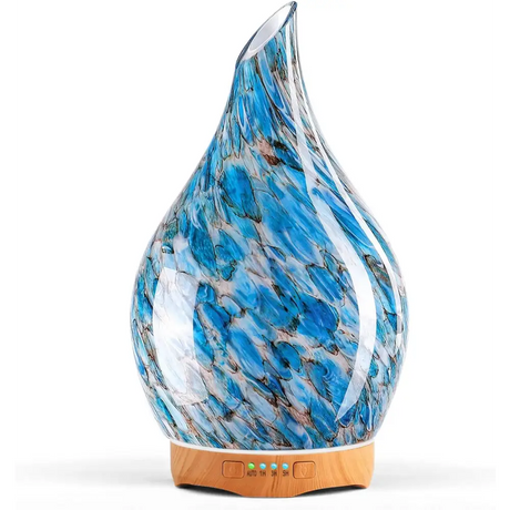 Elegant 3D Glass Marble Oil Diffuser showcasing swirling blue and white glass aromatherapy