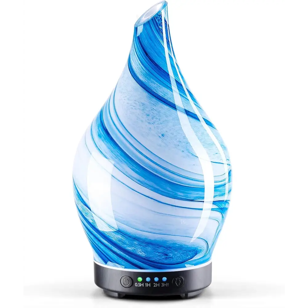 Elegant 3D Glass Marble Oil Diffuser with blue and white swirl on black base