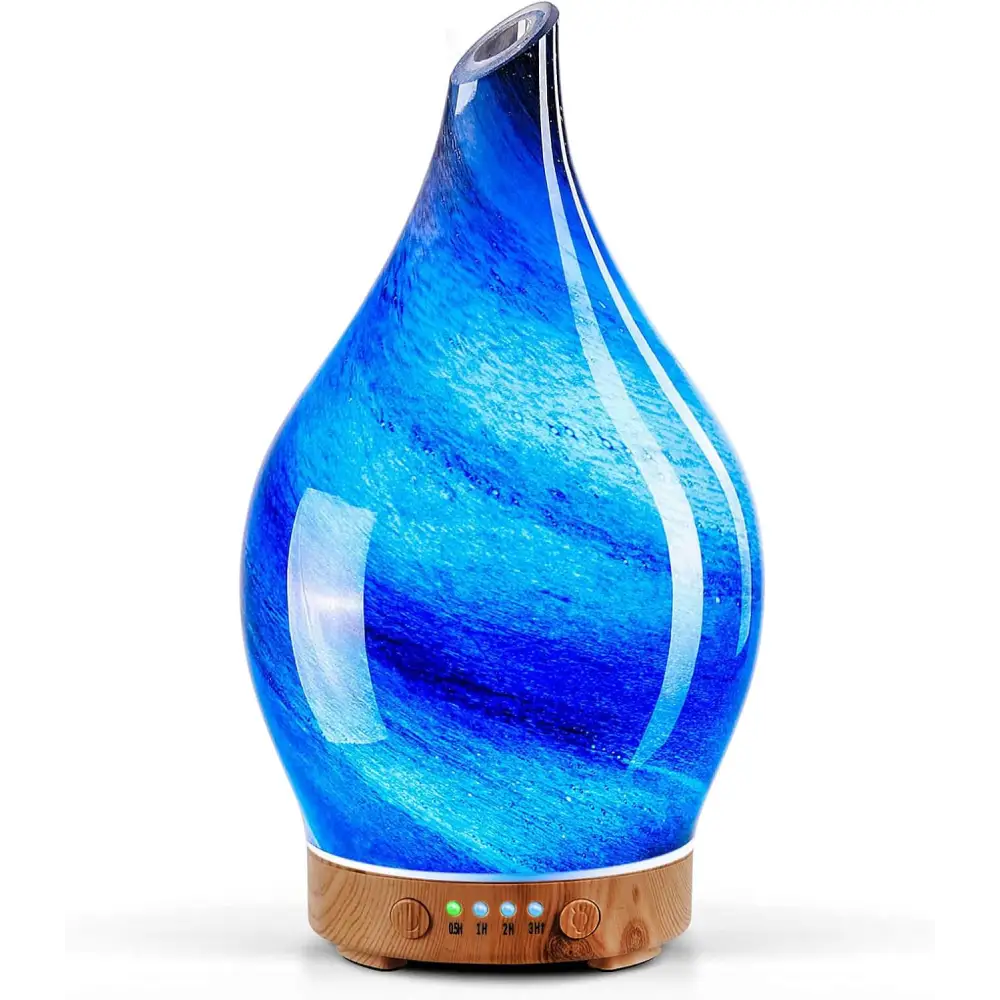 Elegant 3D Glass Marble Oil Diffuser with LED Lights and swirled blue pattern