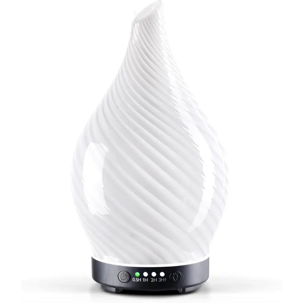 White spiral-textured oil diffuser with black base for elegant 3D glass aromatherapy