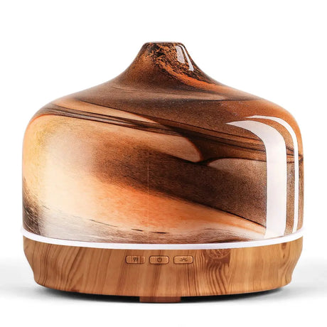 Elegant Glass Essential Oil Diffuser with Wood Base featuring swirling brown patterns