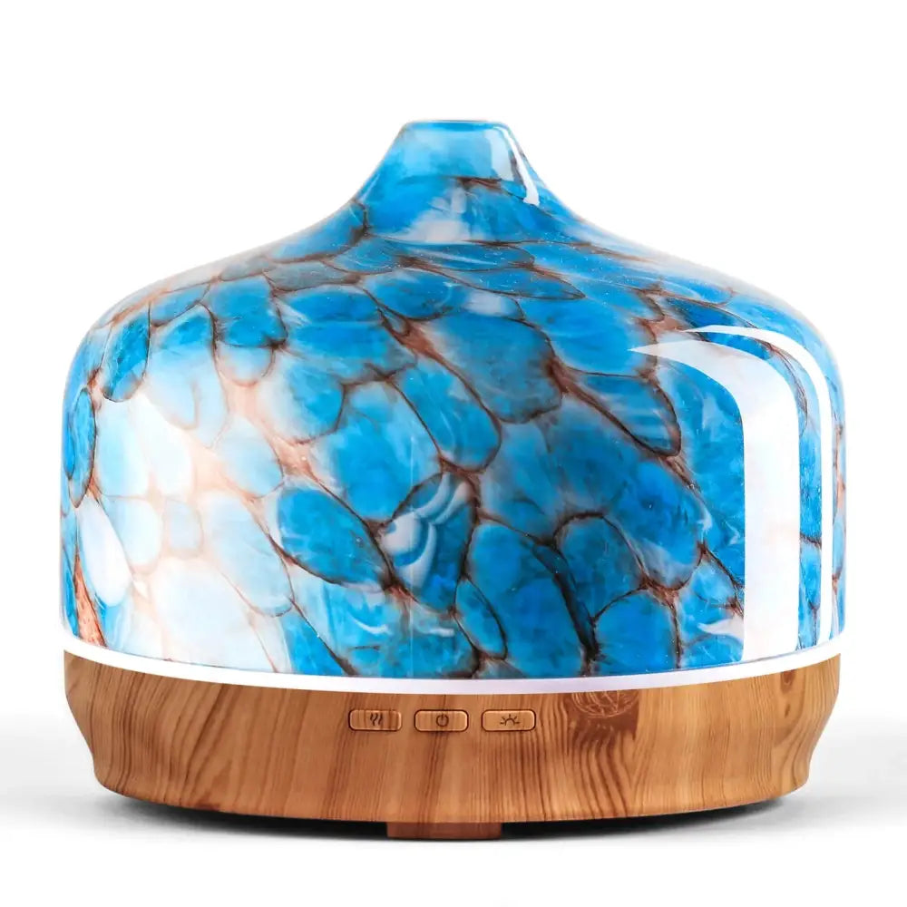 Elegant Glass Essential Oil Diffuser with Wood Base and Blue Marbled Pattern Dome