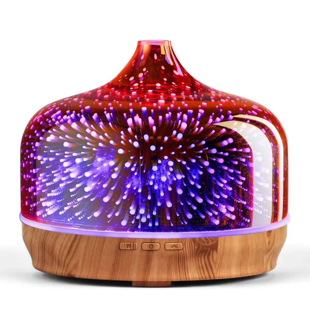 500ml elegant glass essential oil diffuser with wood base and 3D firework effect