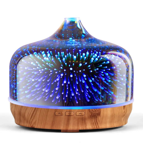 3D firework-effect glass essential oil diffuser with wood base and control buttons