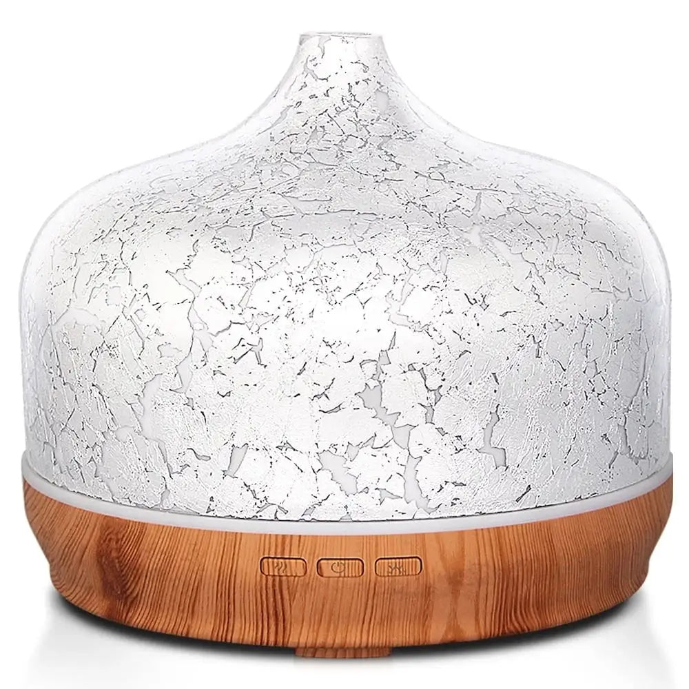 Elegant Glass Essential Oil Diffuser with Wood Base and Crackled White Dome Top