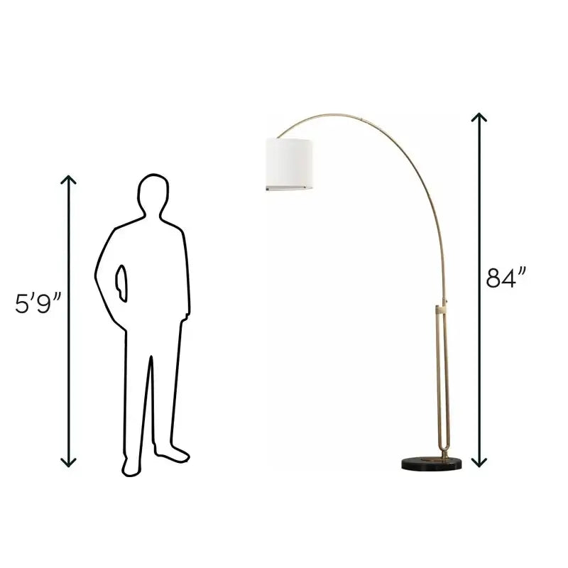 Elegant Joan Arched Floor Lamp featuring curved brass design, white shade, and marble base