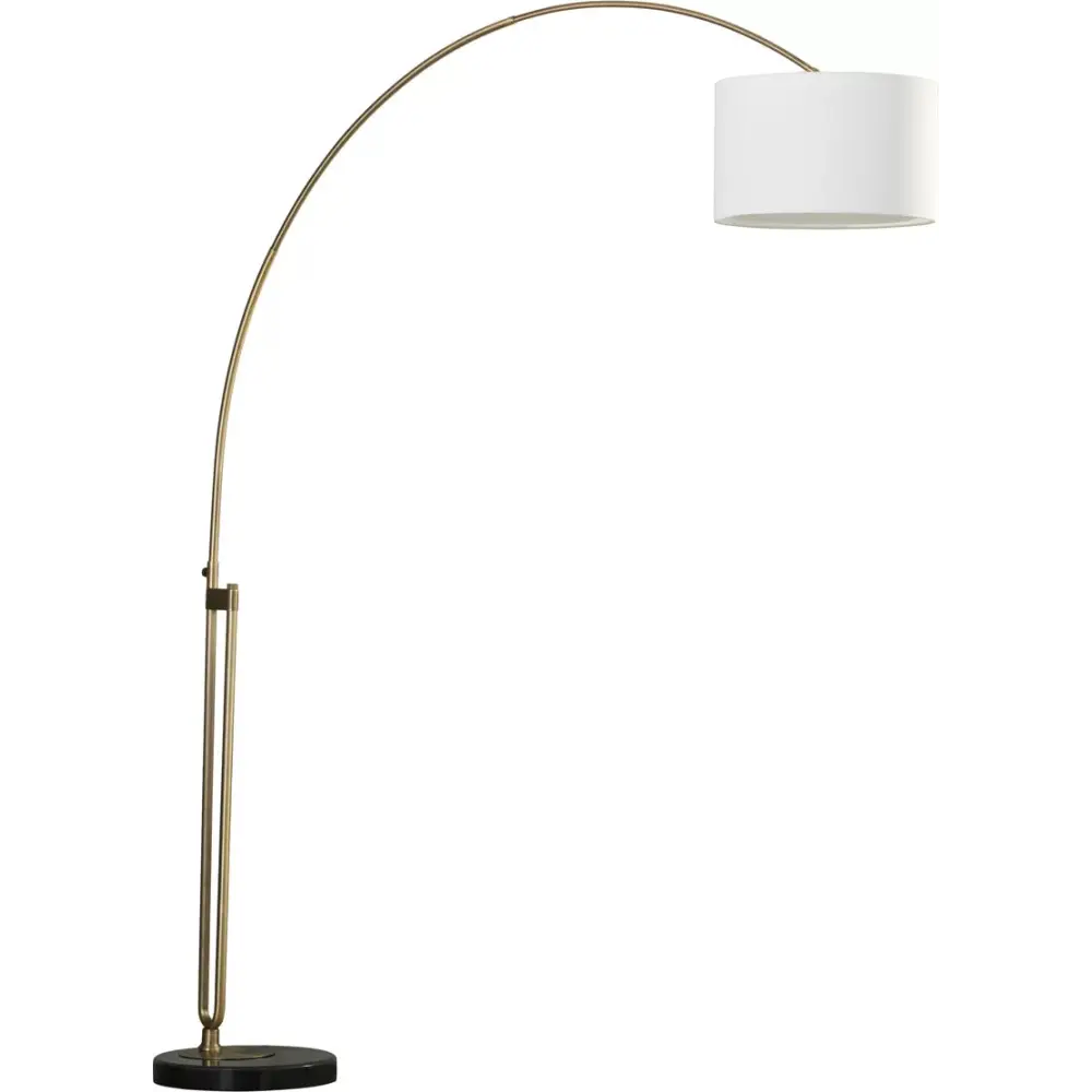 Elegant Joan Arched Floor Lamp with brass stem and white drum shade for stylish lighting